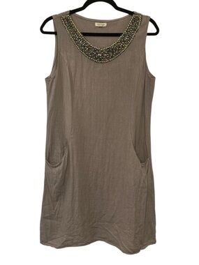Lina Tomei Linen Shift Dress L Mini Italy Multicolor Beaded Pockets Mixed Media